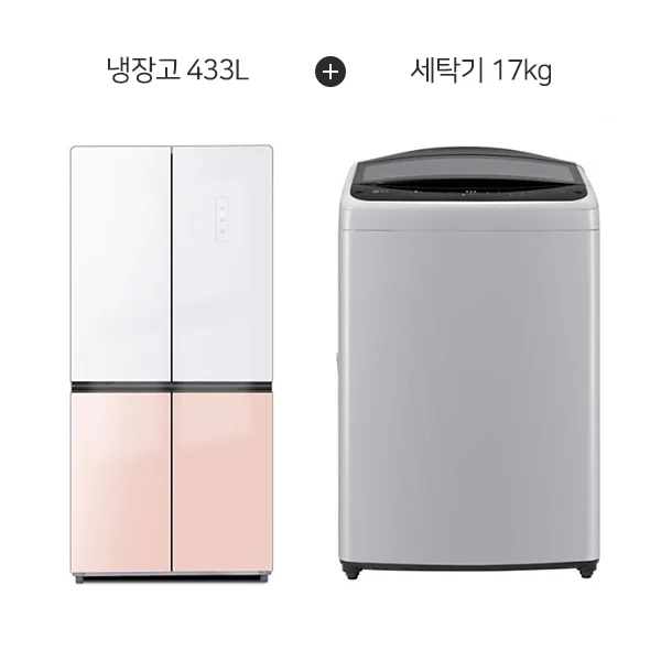 [LG+하이얼] 결합2종 통돌이 세탁기 17kg 미드프리 실버+4도어 글램글라스 냉장고 433L 글램화이트 피치핑크 (T17DX3A+HRS445MNWP)
